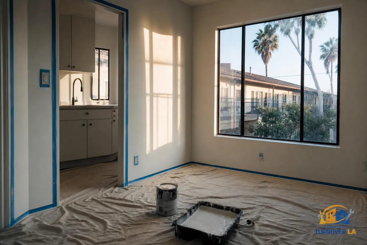 Freshly painted 500 sq ft LA apartment living room with taped trim and roller tray, showing an interior repaint in a Koreatown building