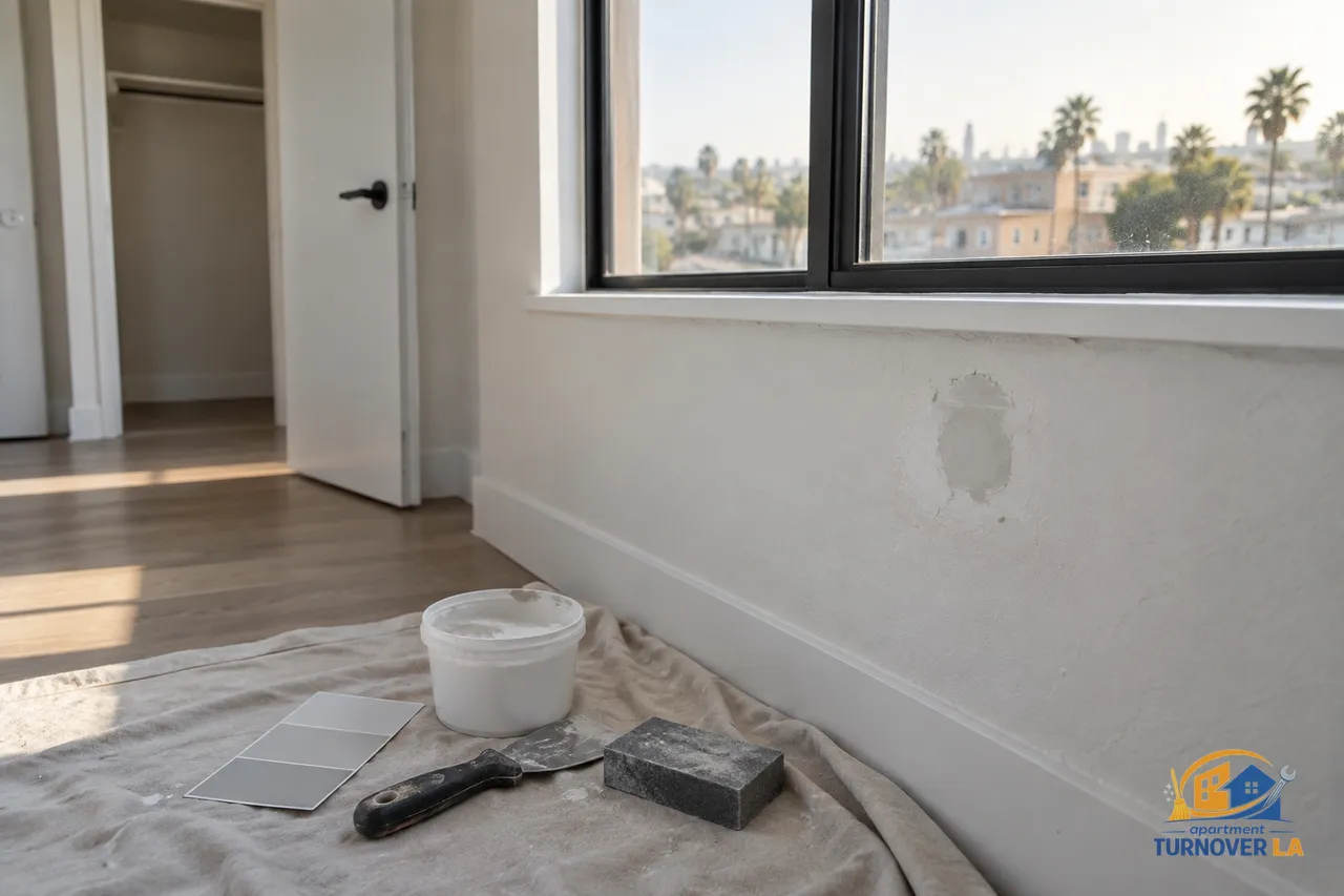 Small DIY drywall patch in a vacant Los Angeles rental apartment bedroom