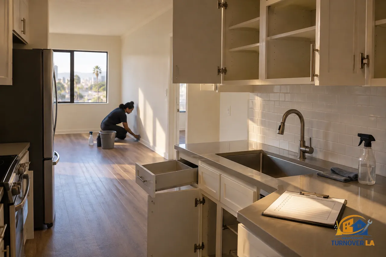 Los Angeles apartment deep cleaning with vacant kitchen cabinets and detailed baseboard work