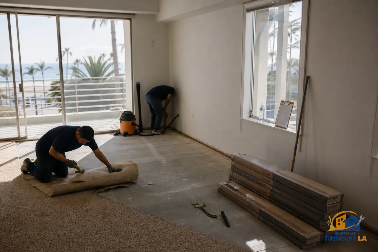 LA apartment turnover scene with carpet removal and luxury vinyl plank staged for install, bright balcony light and palm trees outside