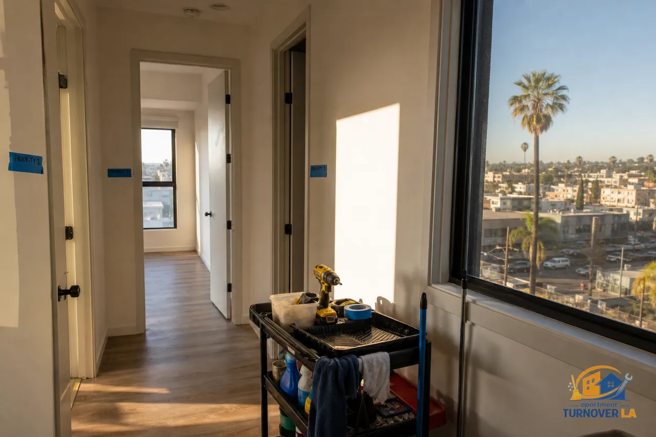 LA apartment corridor with doors tagged by make-ready priority levels and a cart of turnover tools in Koreatown