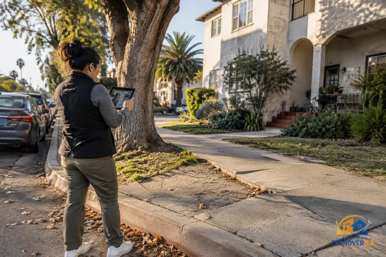 Property manager documenting cracked sidewalk outside a Koreatown Los Angeles rental property