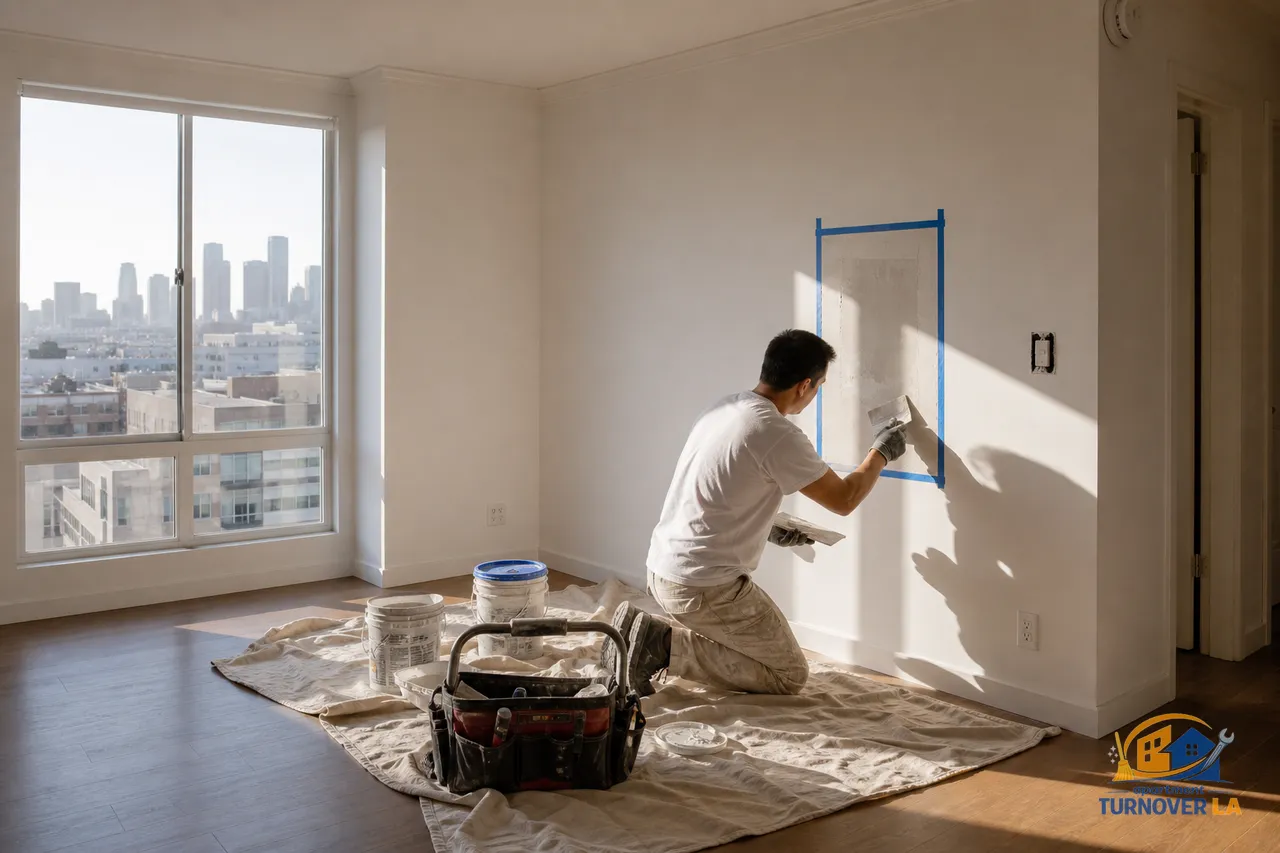 Small drywall patch being textured in a Koreatown LA apartment living room with drop cloths and paint touch-up setup