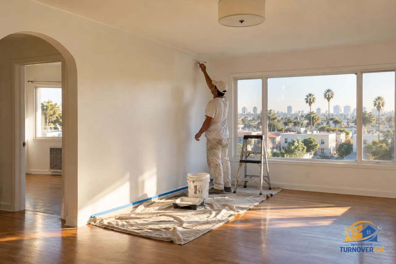 Painter preparing a vacant 1,500 sq ft Los Angeles apartment living room for turnover