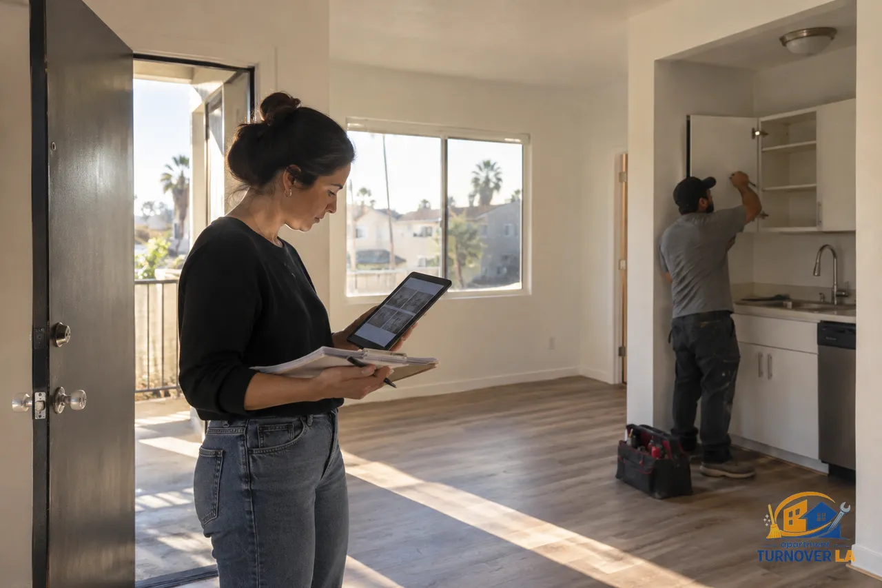 LA landlord reviews a handyman turnover punch list in a vacant apartment