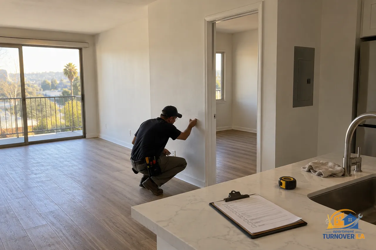 Los Angeles apartment handyman reviewing drywall repairs during a vacant unit turnover