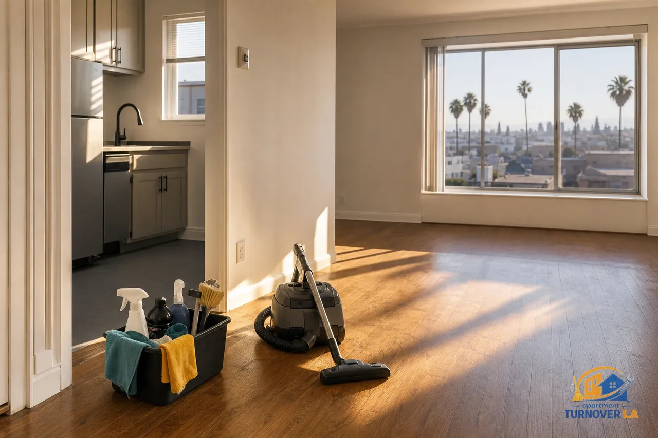 Los Angeles apartment living room and galley kitchen staged for deep cleaning with HEPA vacuum and supplies, palm trees visible outside