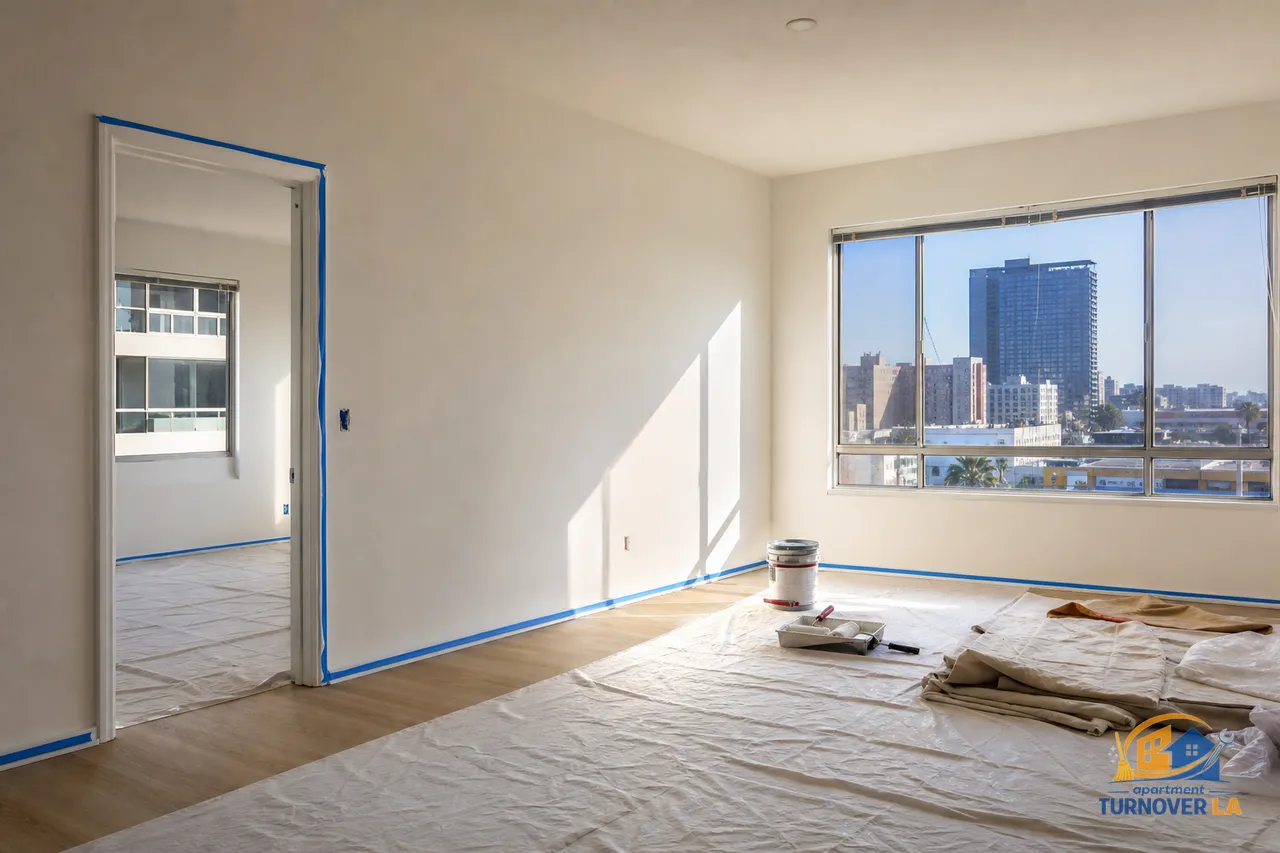 Freshly painted Koreatown LA rental living room with clean prep lines and apartment painting setup