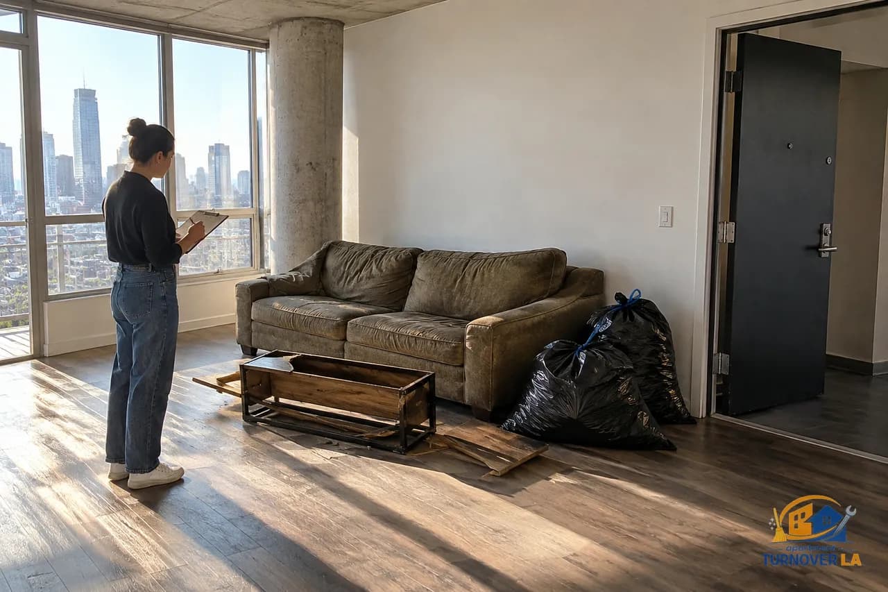 Vacant Downtown LA apartment staged for old furniture removal and cleanout