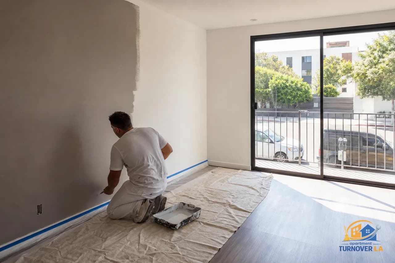Los Angeles living room during interior painting with masked trim, roller and tray, and Westside balcony light, showing pro prep in a real LA apartment