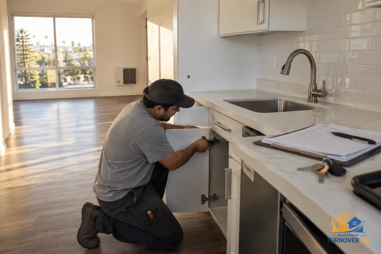 Handyman checking a cabinet hinge during a Los Angeles apartment turnover repair
