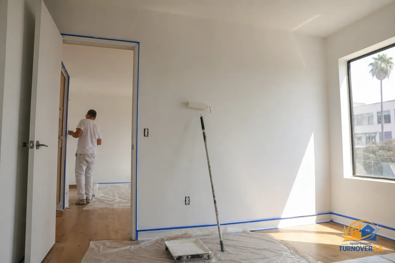 Freshly painted LA apartment living room with masked baseboards and roller setup, showing clean interior painting finish