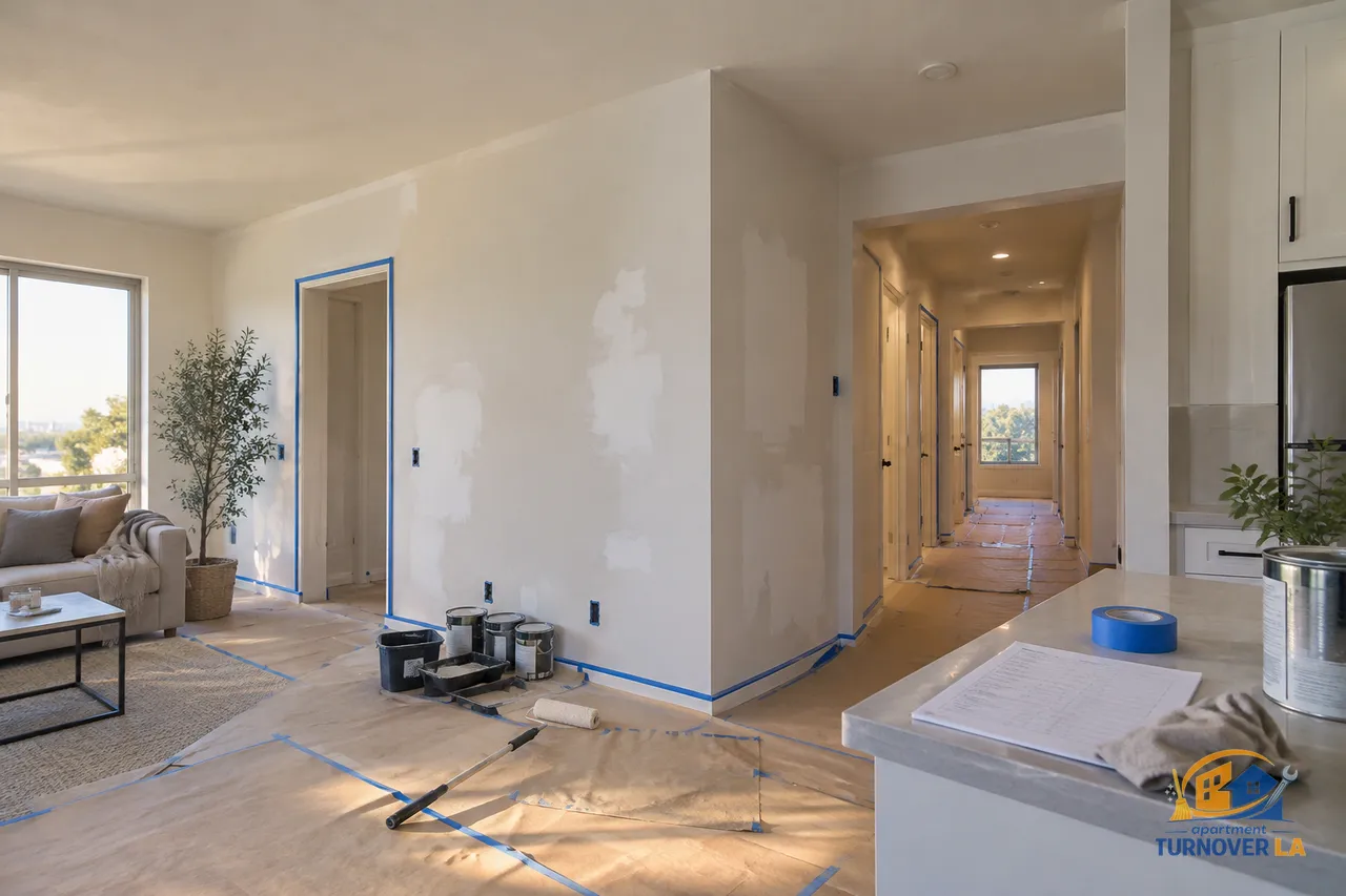 Interior painting prep in a 1,500 sq ft California rental home with patched walls and floor protection