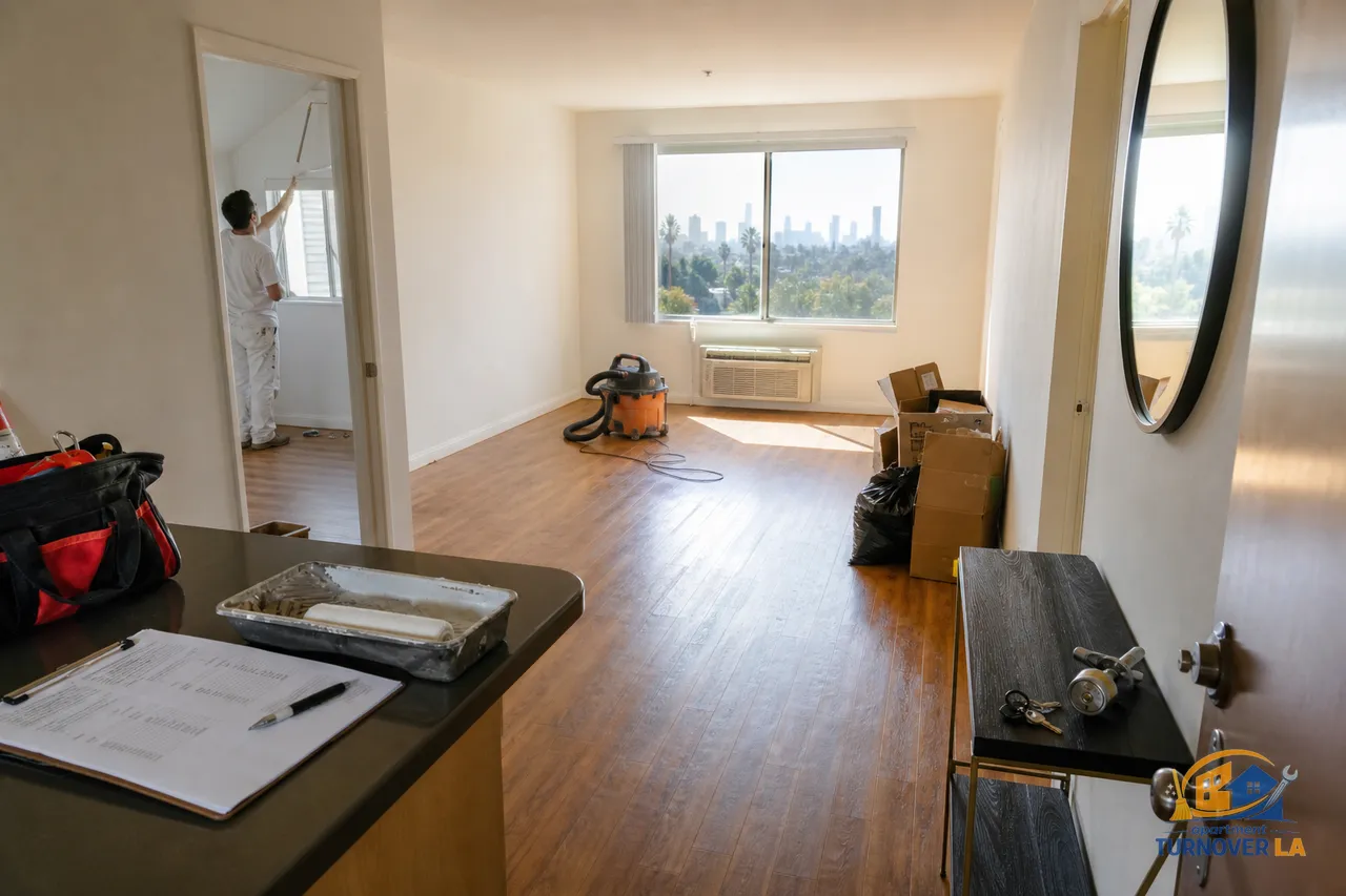 LA apartment during make-ready with cleaning gear, punch list, paint tray, and rekey kit staged for a 48-hour turnover