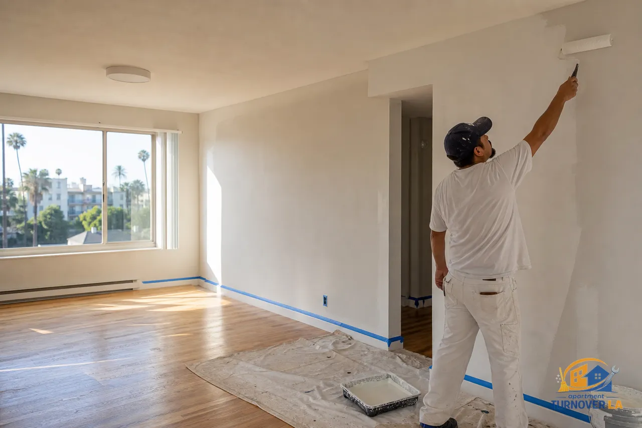 Los Angeles apartment living room mid repaint with blue tape, roller and drop cloth, showing budget apartment painting work in progress