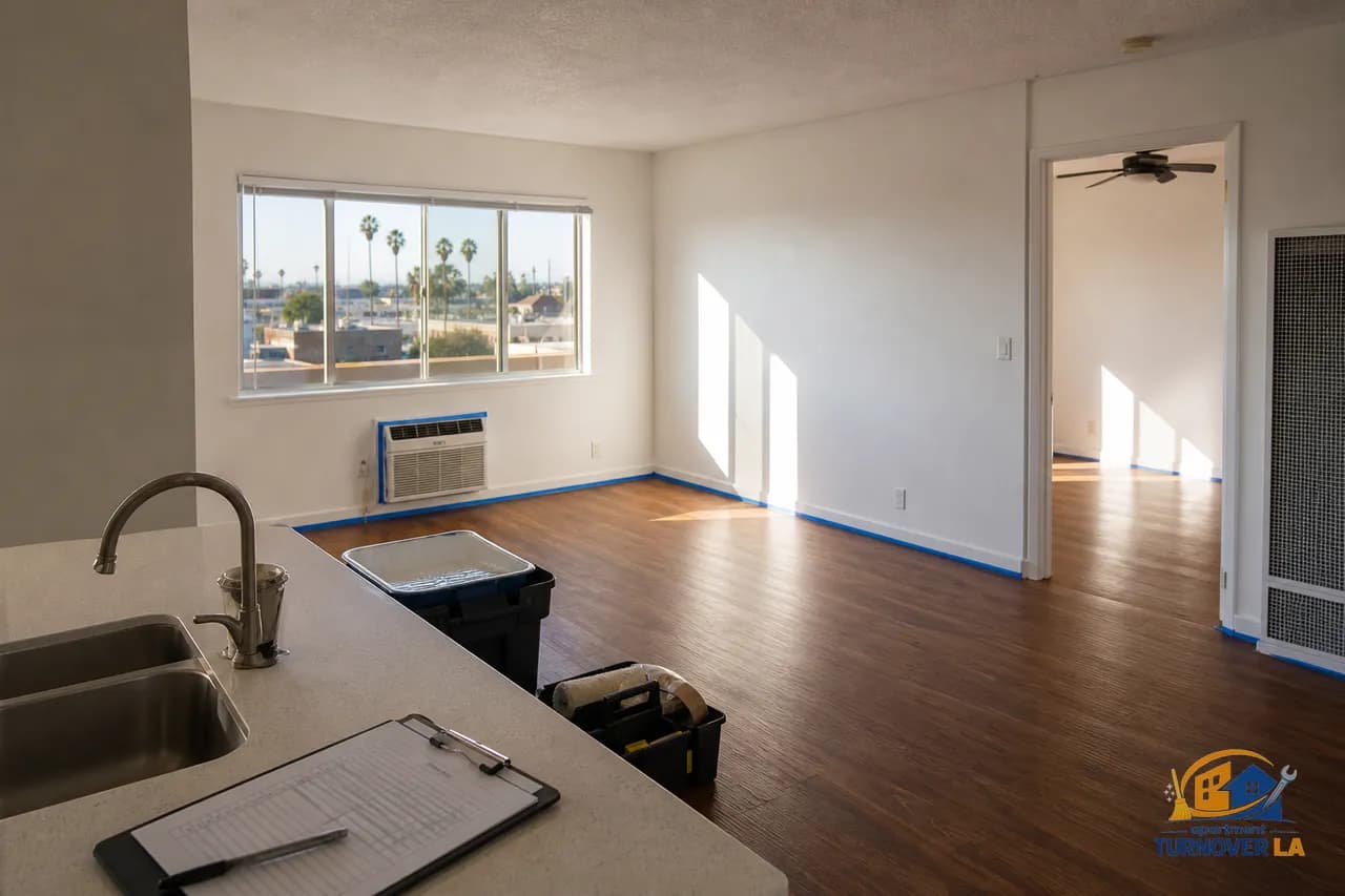 Los Angeles apartment during tenant turnover with taped baseboards, a cleaning kit, and a visible checklist for make ready tasks