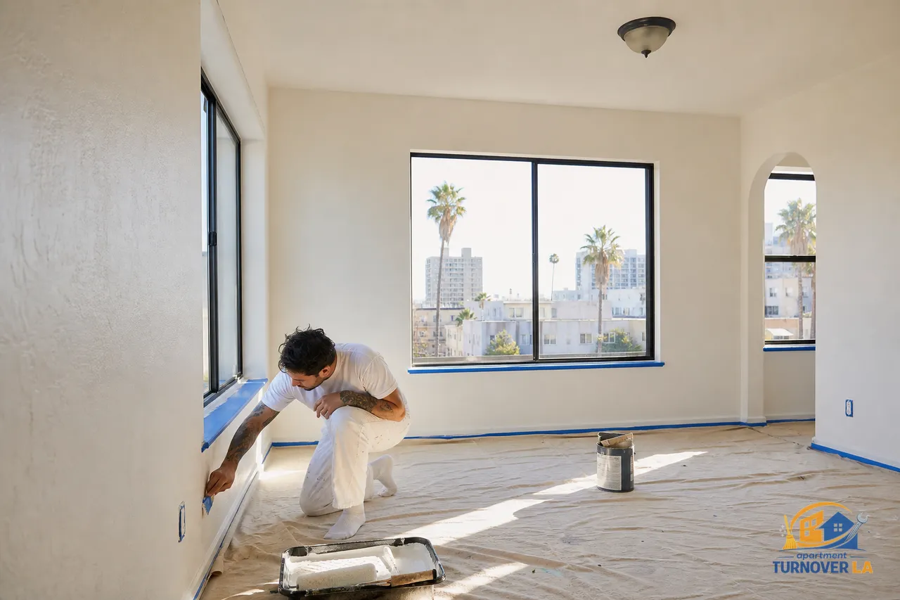Freshly painted LA apartment living room in Koreatown with white eggshell walls, clean baseboards, and paint tools set up for a landlord turnover
