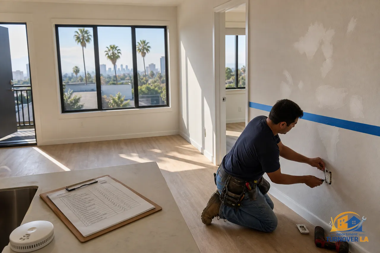 Handyman completing an LA apartment punch list with patching, GFCI install, and painting prep during a turnover