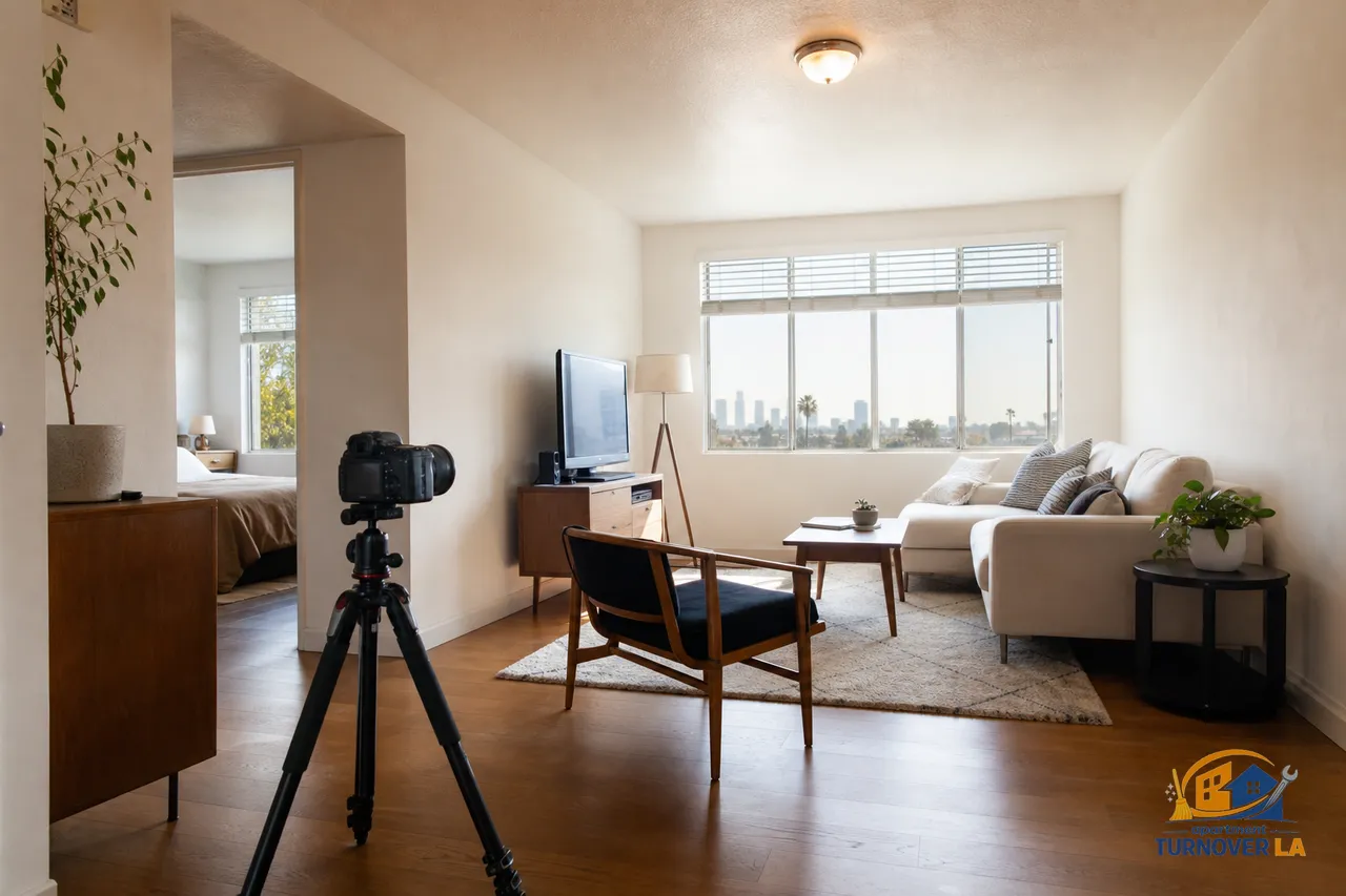 LA apartment living room prepared for rental photos, tripod at 48 inches capturing two walls in bright natural light