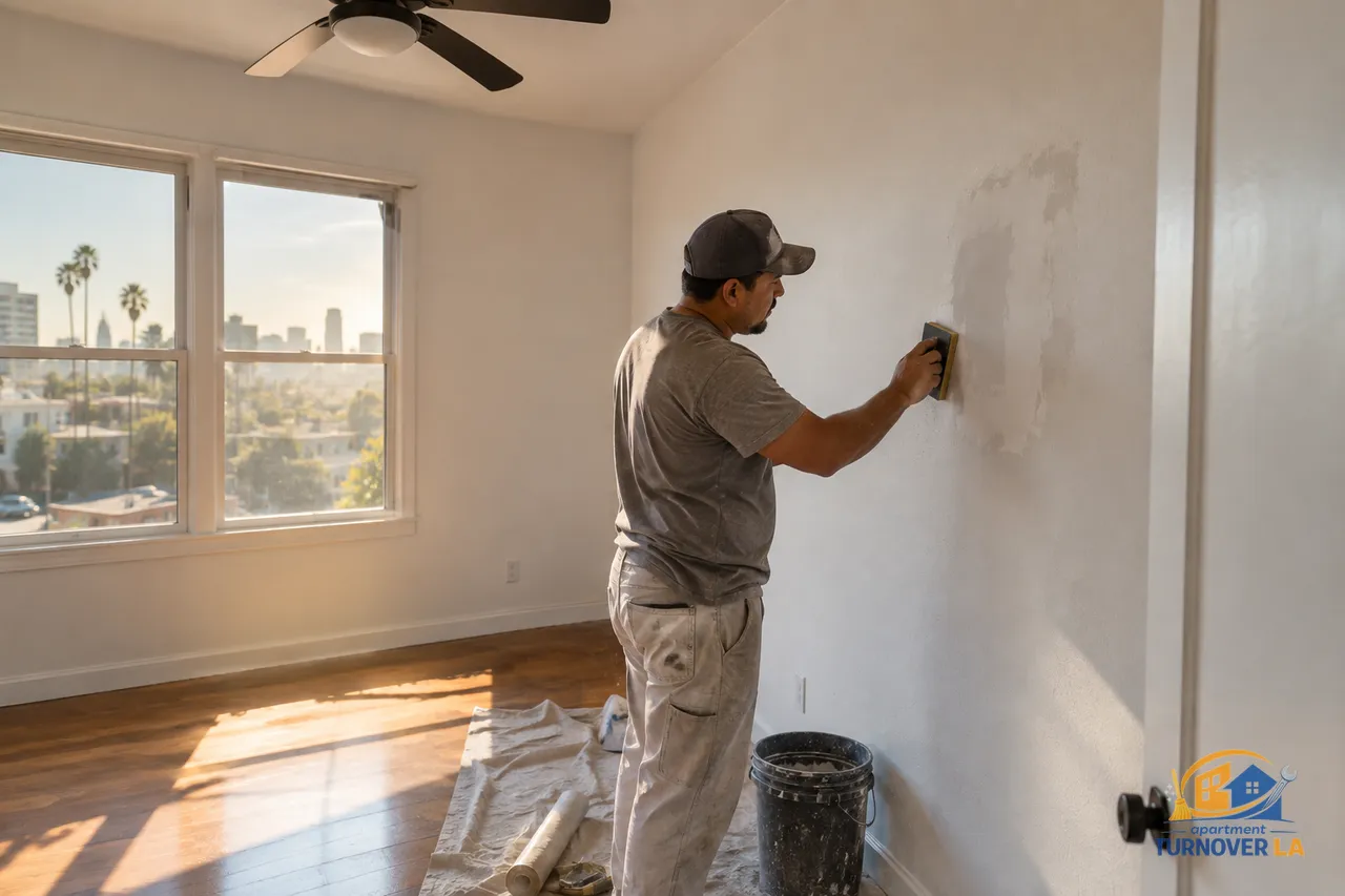 Drywall repair patch being feathered in a vacant Los Angeles apartment bedroom