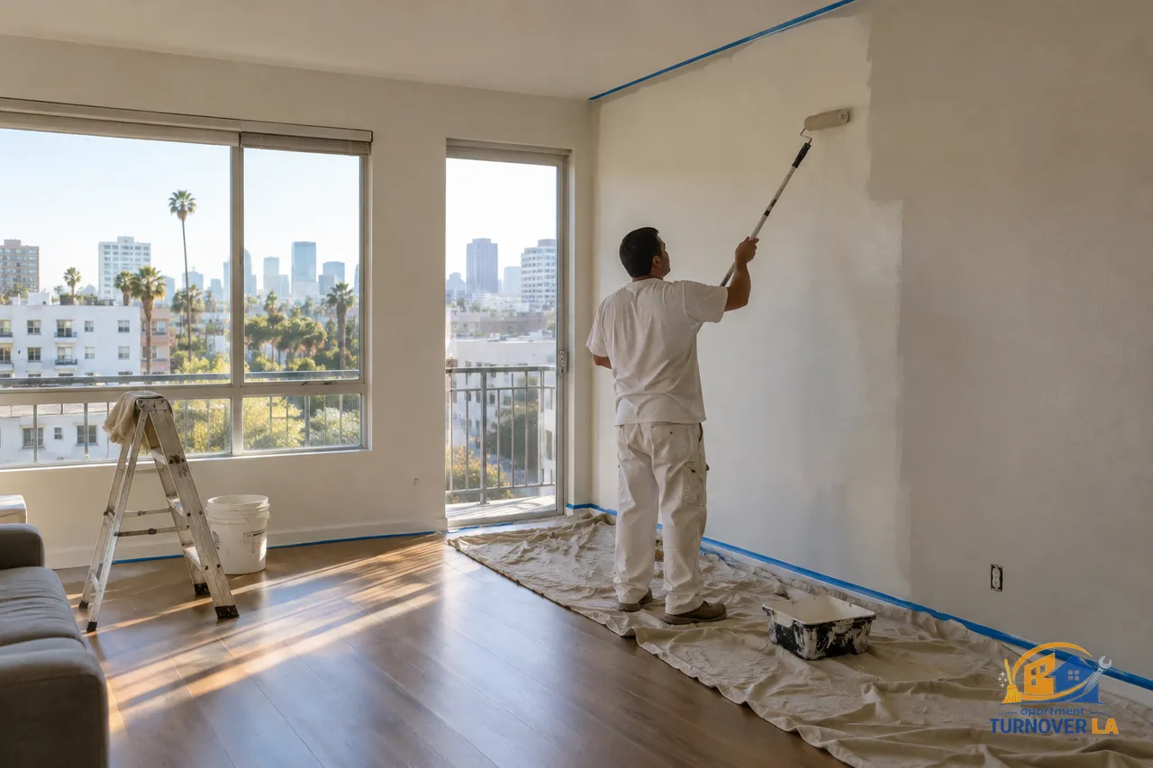 LA apartment repainting with a painter restoring an accent wall to neutral rental color