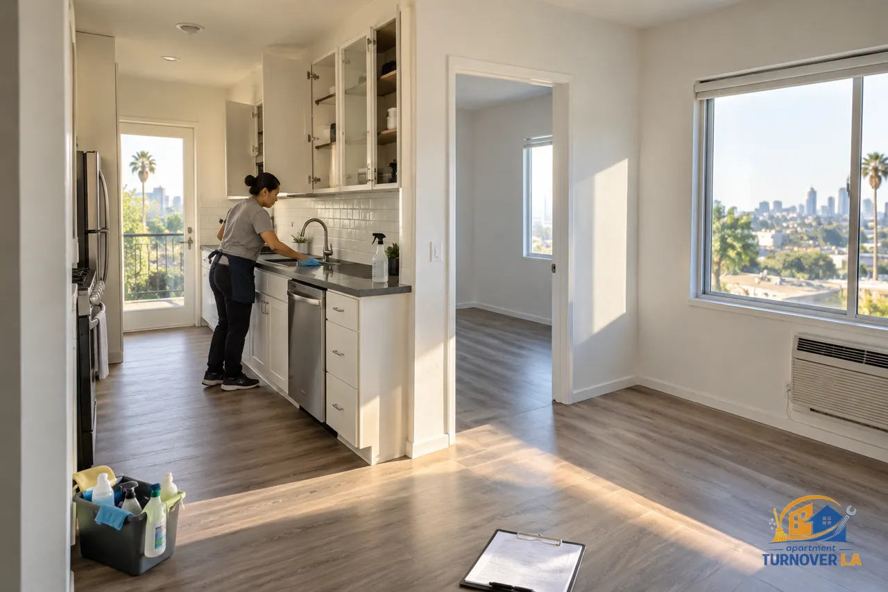 Apartment turnover cleaning in a vacant Los Angeles one-bedroom with kitchen inspection notes