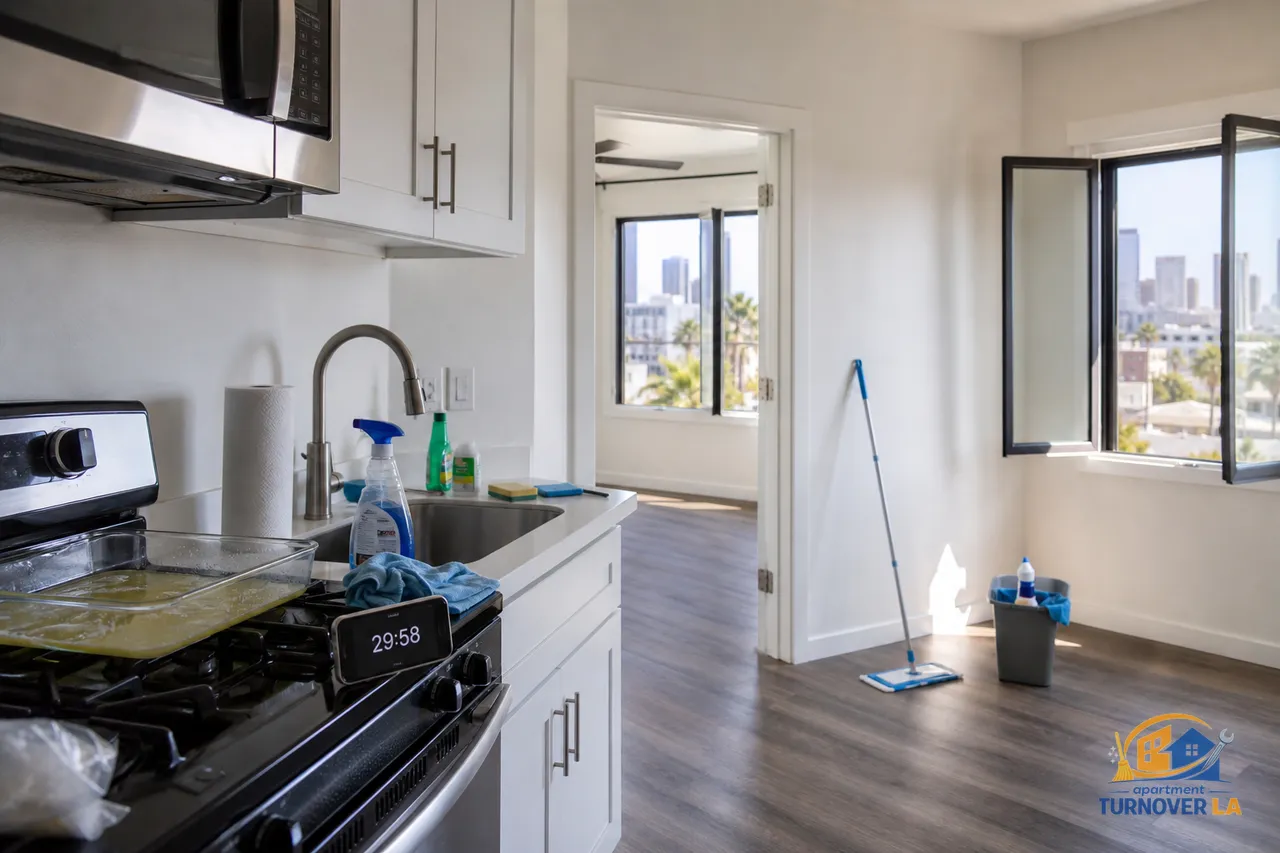 Vacant LA apartment kitchen prepped for a 30 minute cleaning block with timer, dwell-time cleaners, and windows open for ventilation