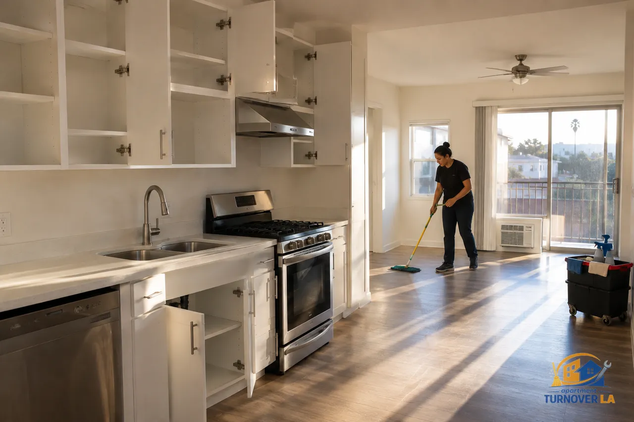 Move out cleaning in a vacant Los Angeles apartment kitchen with cleaned cabinets and range