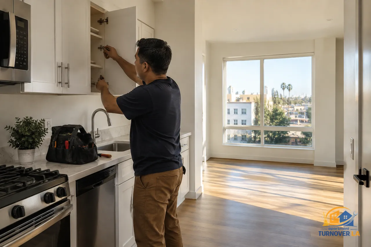 LA apartment handyman checking a kitchen cabinet during a vacant unit turnover