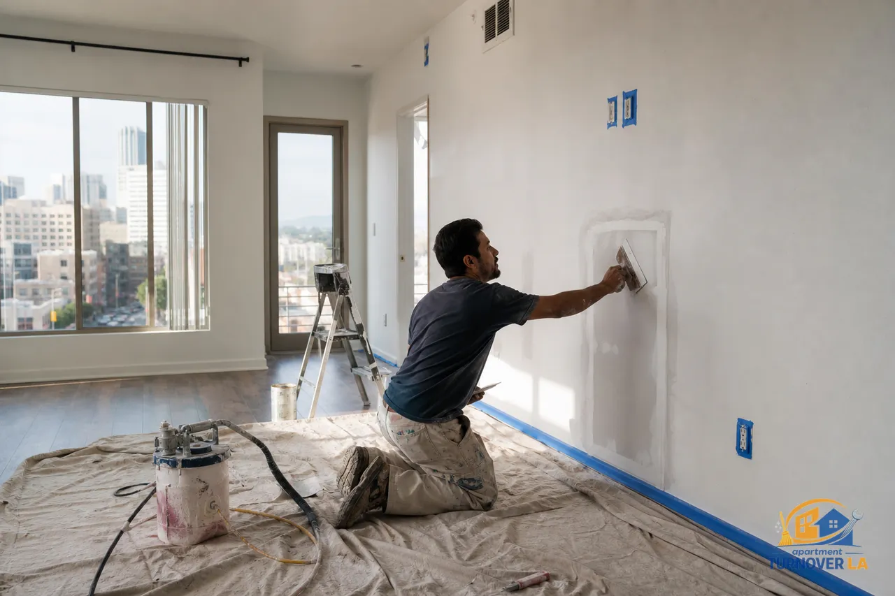 Handyman patching drywall in a Koreatown LA apartment, tools and drop cloth set for drywall repair Los Angeles work