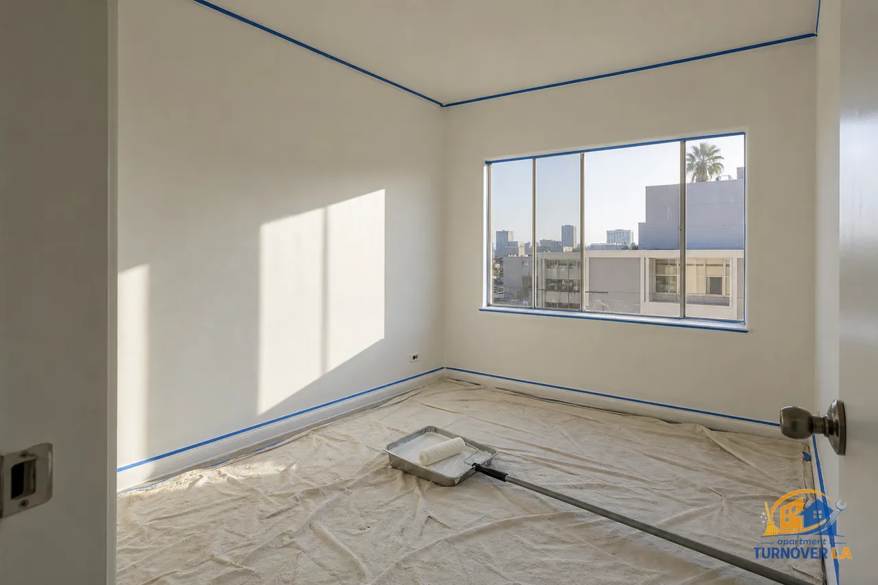 Freshly painted 12x12 LA bedroom with taped trim, drop cloths, and a roller in a tray, showing a standard apartment repaint setup