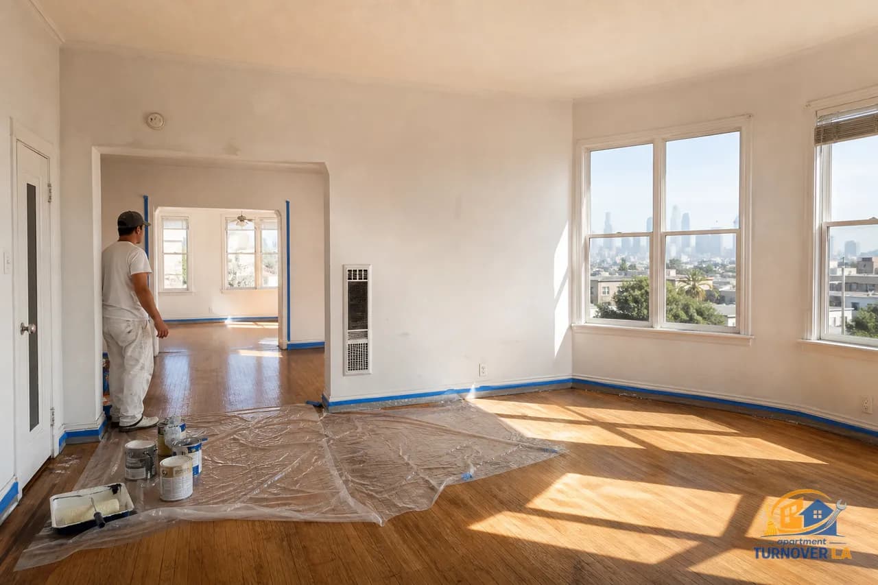 Koreatown LA apartment living room at turnover with scuffed white walls and paint setup ready, highlighting landlord painting decision