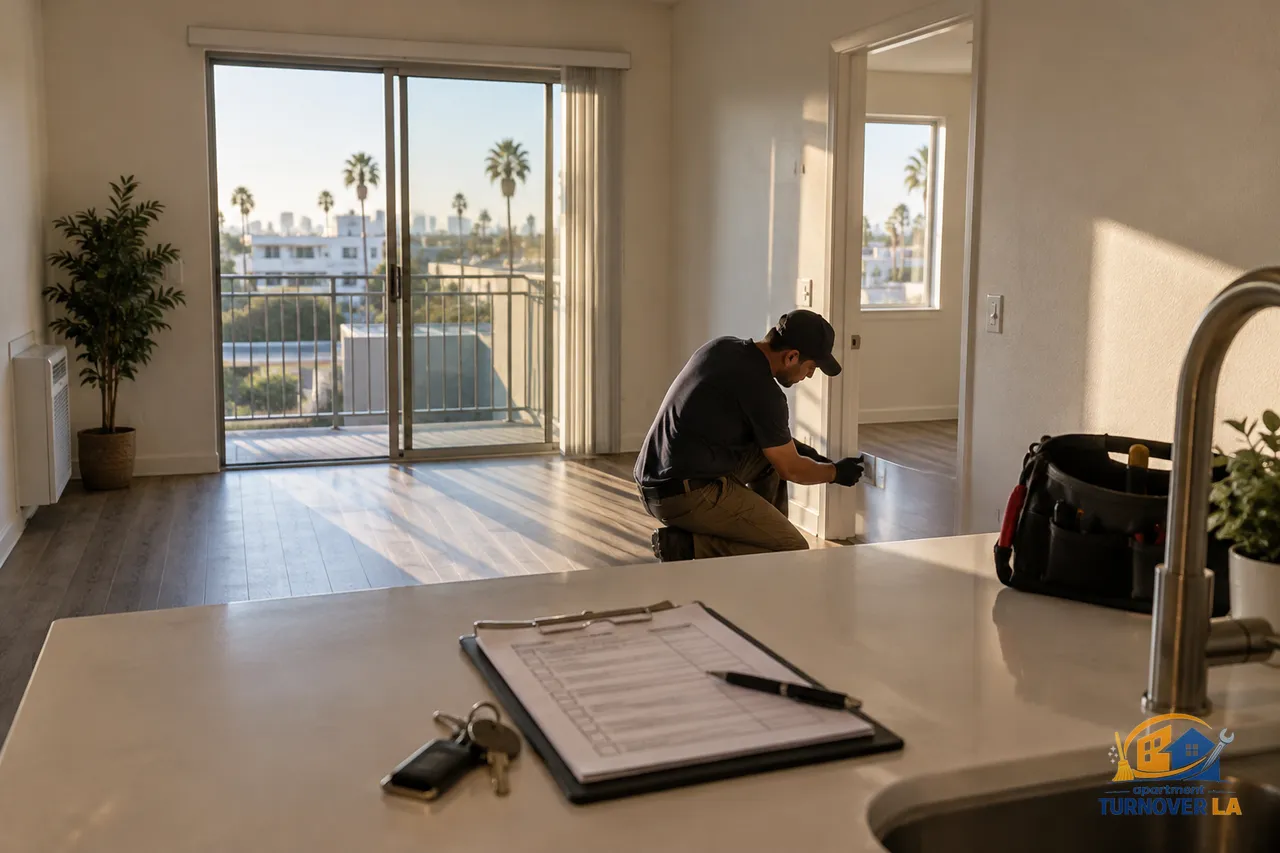 Apartment make ready checklist on a counter in a vacant Los Angeles rental