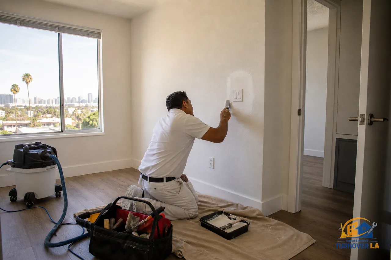 LA apartment drywall patch near a switch plate with orange-peel texture match and paint touch-up setup in Koreatown