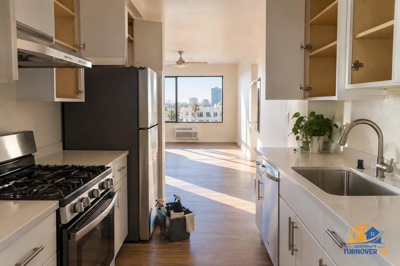 Move out cleaning in a vacant Los Angeles one-bedroom kitchen and living room