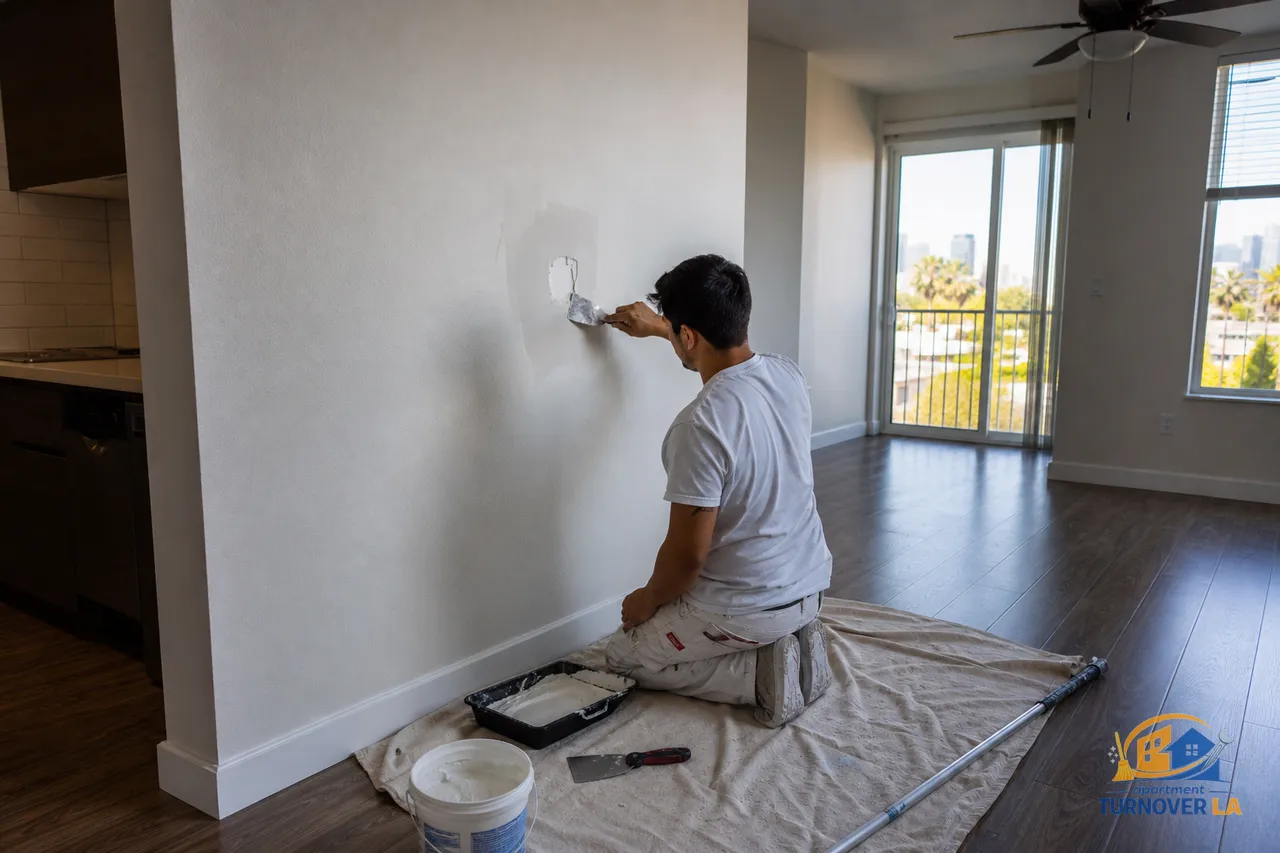 Los Angeles apartment wall mid-repair with joint compound and tools, showing a small drywall patch and orange-peel texture