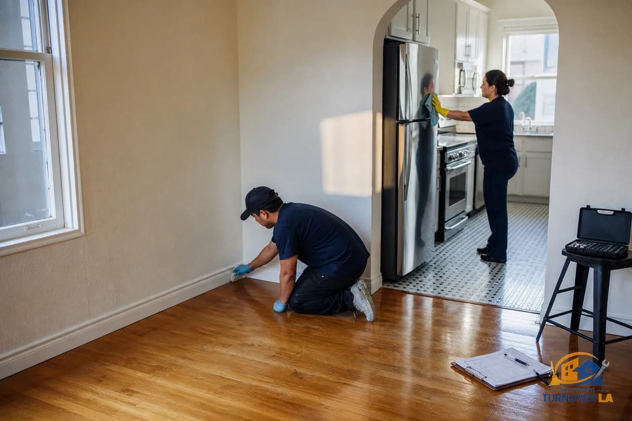 Turnover in a Koreatown LA apartment with cleaner and handyman finishing make ready tasks before listing the unit for rent