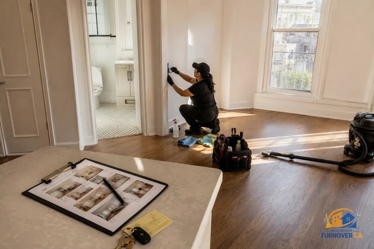 Koreatown apartment during a move out cleaning with a checklist and HEPA vacuum, reflecting LA move out cleaning reviews focus on detail and reliability