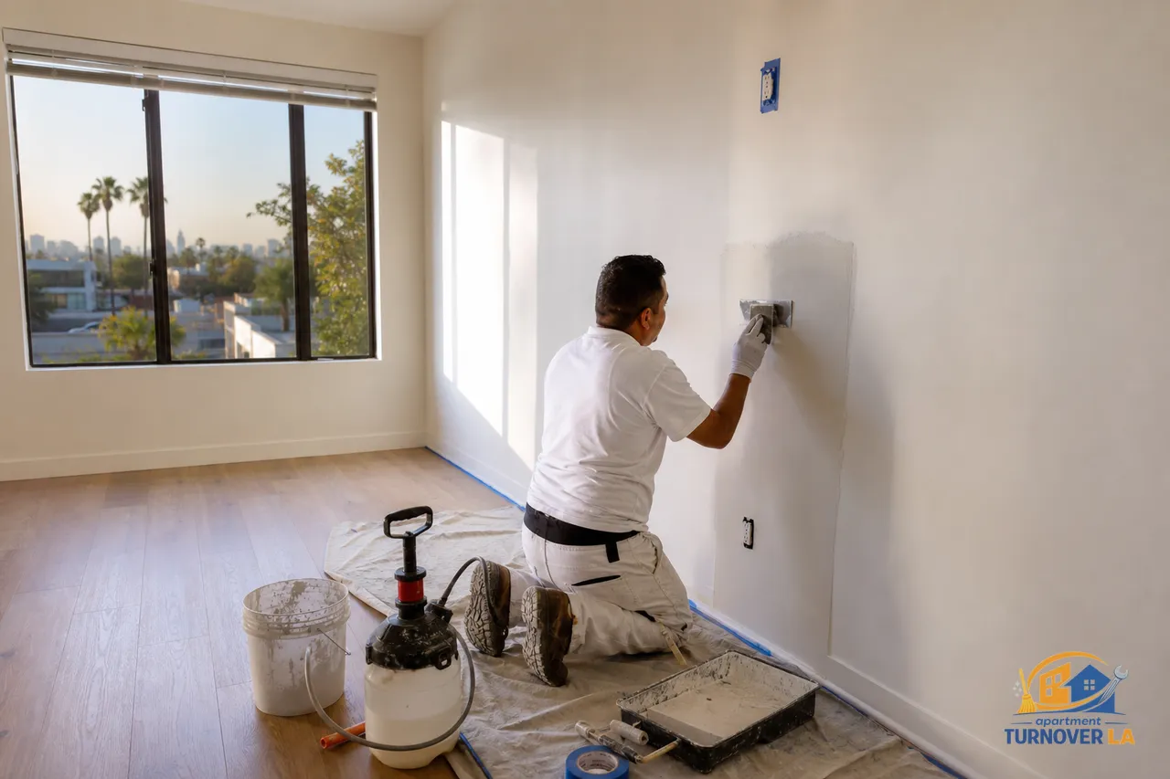 Drywall patch and paint touch-up underway in a Koreatown LA apartment living room with tools laid out for a 48-hour turnover