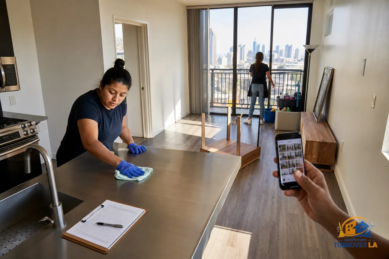 Turnover cleaning in a sunlit LA apartment kitchen with supplies, checklist, and a Koreatown view, showing professional apartment cleaning