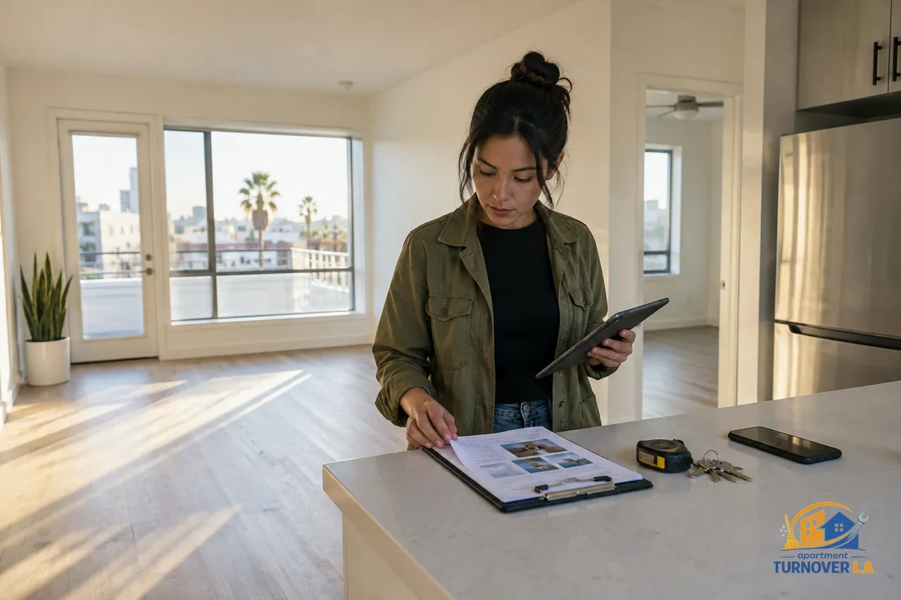 LA property manager reviewing a five-point apartment turnover checklist in a rent-ready unit