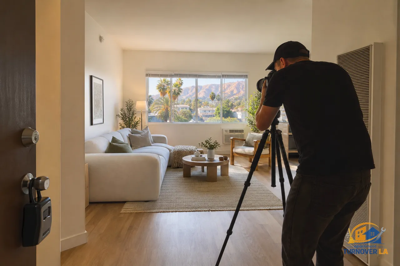 Photographer setting up a tripod in a Hollywood 1BR apartment before a real estate shoot, morning light and LA palm trees outside