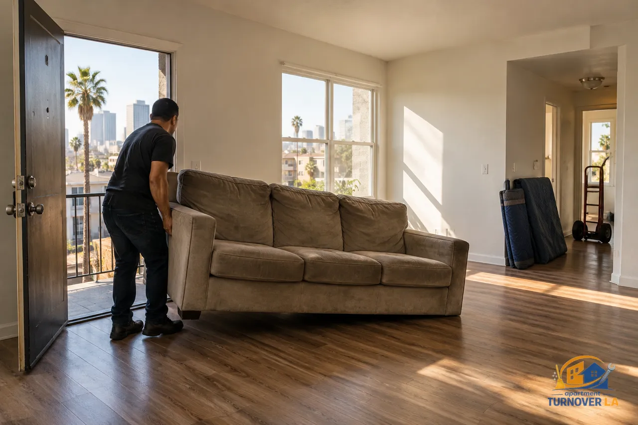 Sofa staged for furniture removal in a vacant Los Angeles apartment living room