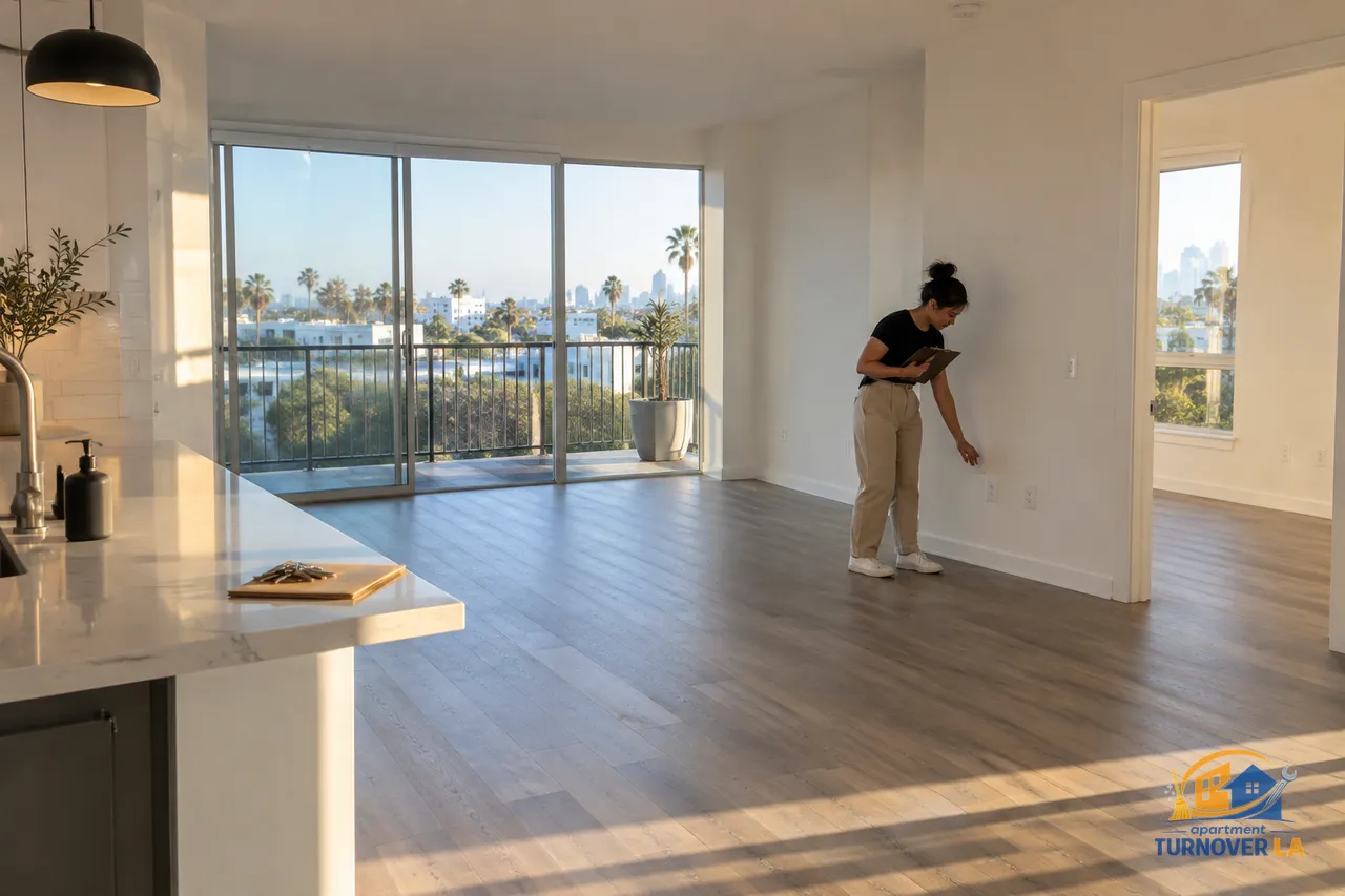 Condo turnover checklist inspection in a vacant Los Angeles apartment living room