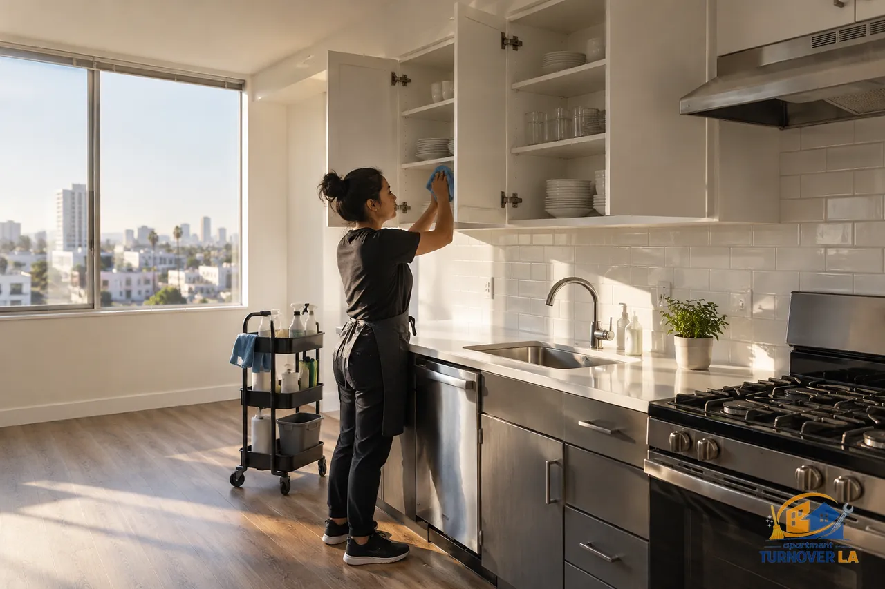 Deep-cleaned Los Angeles apartment kitchen prepared for a vacant-unit turnover