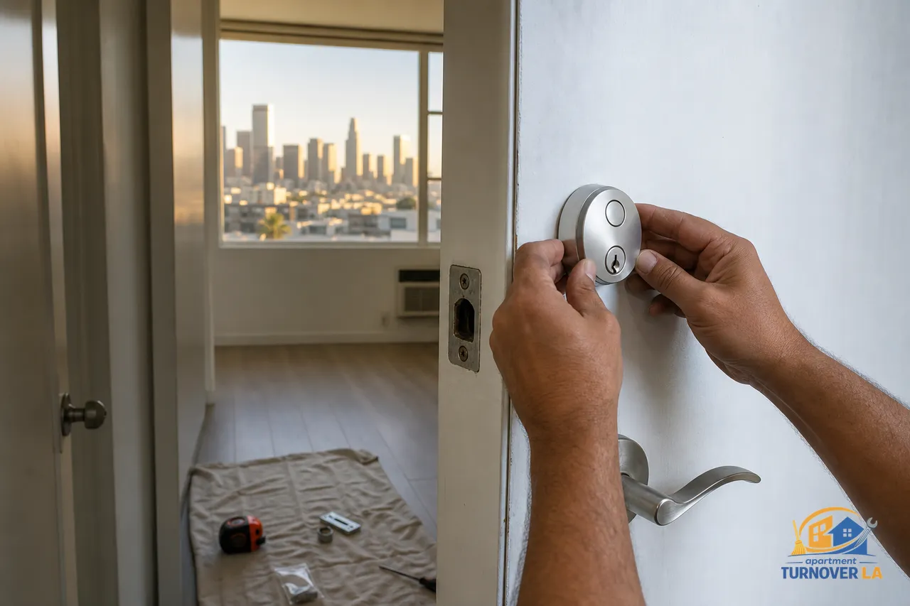 Technician aligning a satin nickel smart deadbolt on a white LA apartment door with tools neatly staged and downtown light in the background