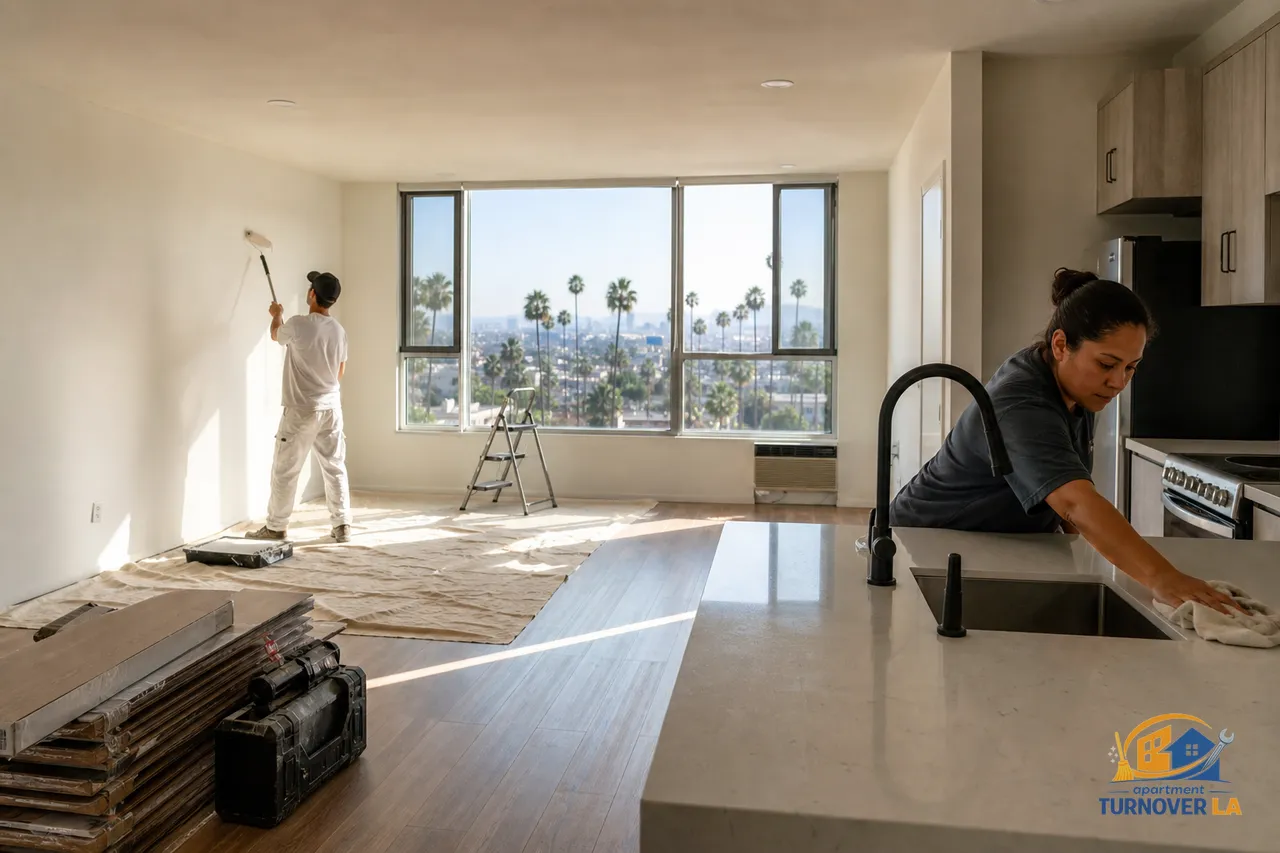 Los Angeles one-bedroom turnover in progress with cleaning and painting, showing practical apartment turnover steps