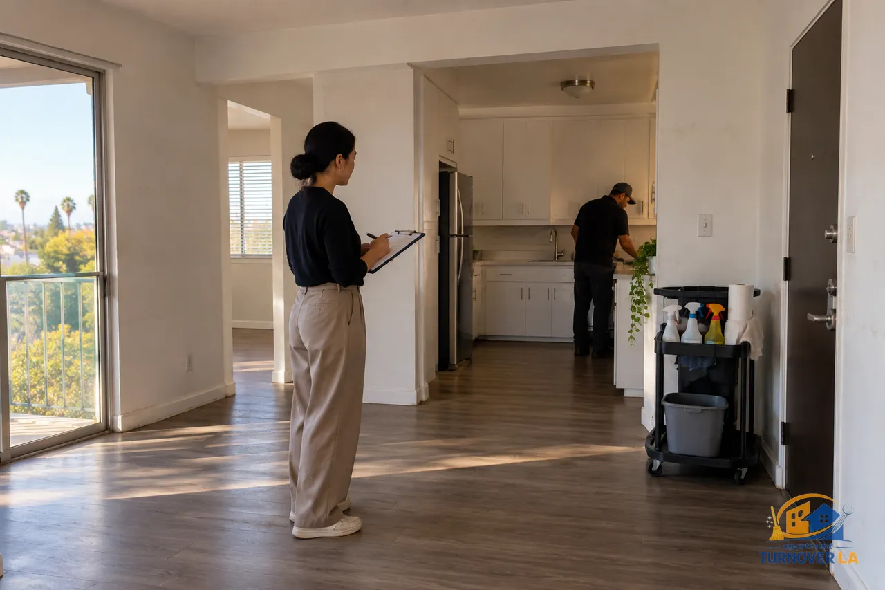 LA property manager calculating rental turnover costs in a vacant one bedroom apartment