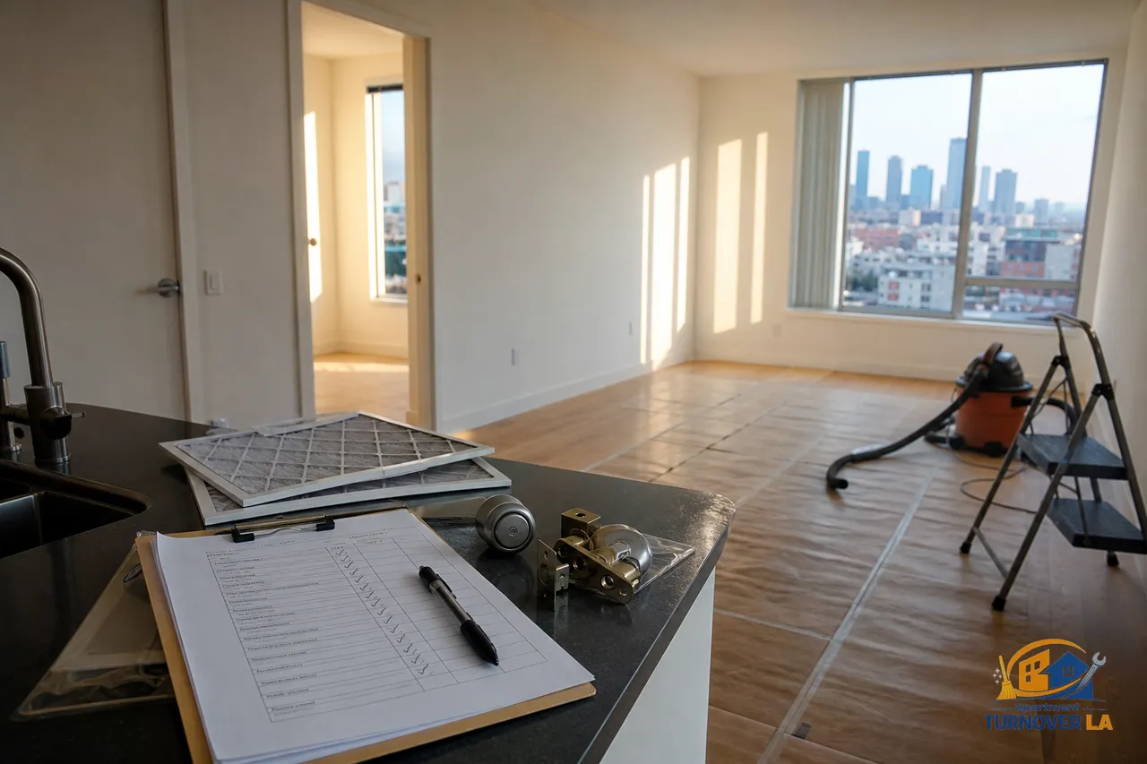 Los Angeles one-bedroom in turnover with checklist, paint supplies, new locks, and HVAC filter staged for a make ready