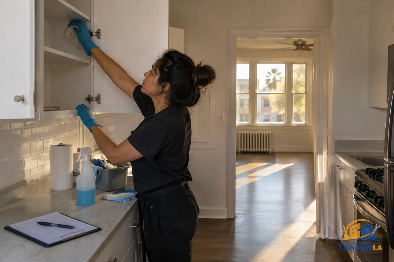 Vacant LA apartment kitchen receiving detailed move-out cleaning inside cabinets